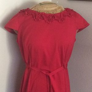Red Ruffle neckline zipper back dress, match belt